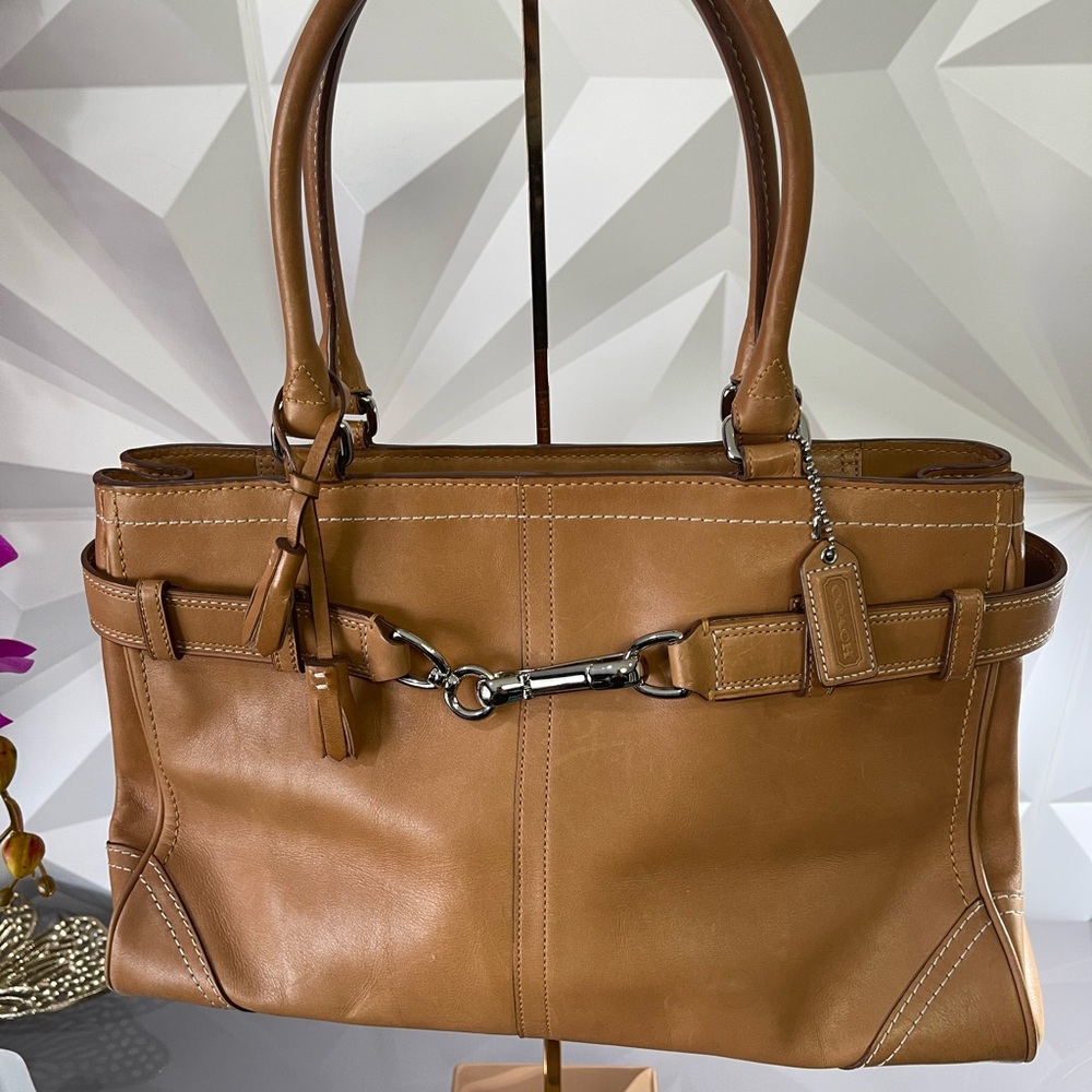Coach Tan and Brown Signature Handbag